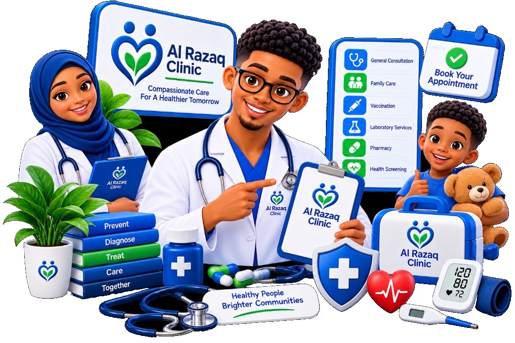 Al-Razzaq Clinic staff illustration — doctors, nurses, and family care